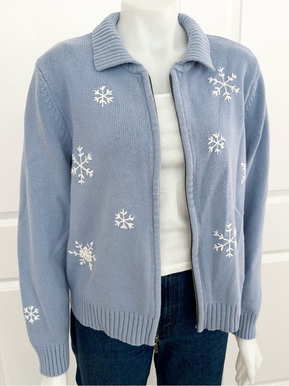 Snowflake Embroidered Full Zip Winter /Christmas Cardigan Sweater- Teacher Style